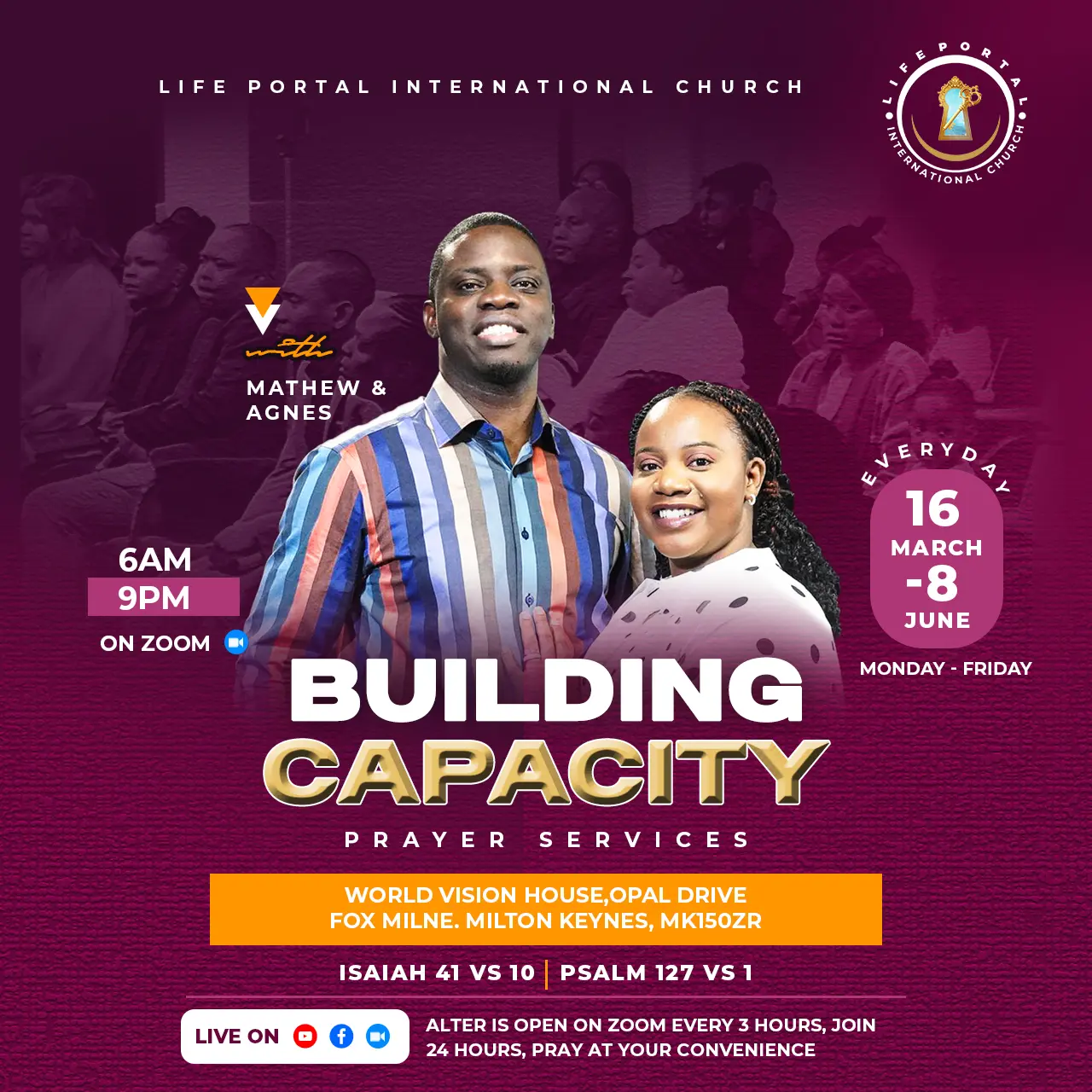 Poster for the Building Capacity prayer services streamed live on Zoom and Facebook.