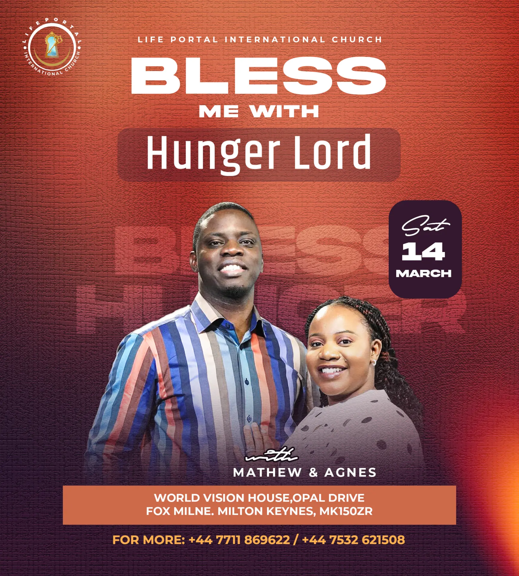 Poster for the Bless Me With Hunger Lord service with Pastors Mathew and Agnes.