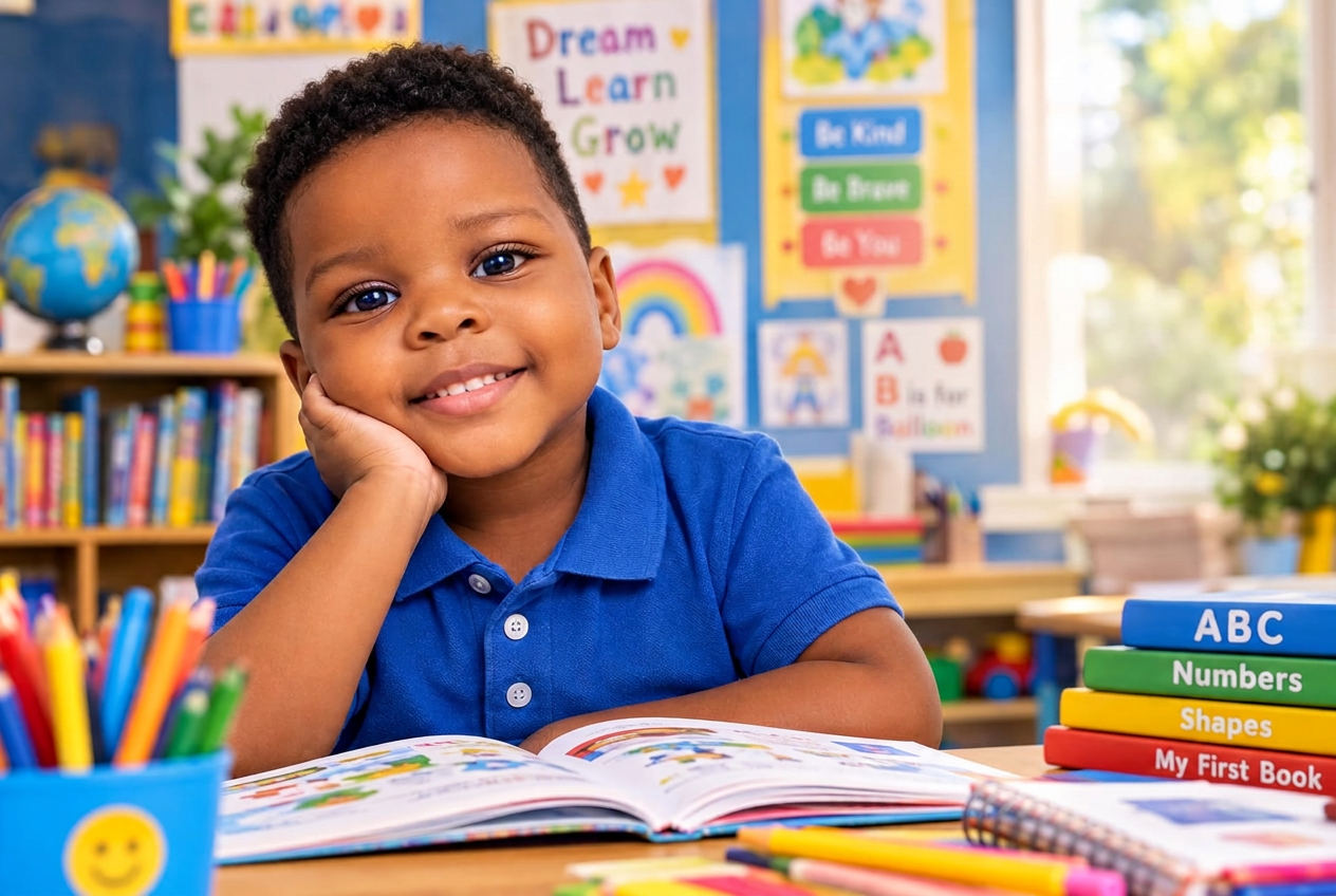 A smiling preschool learner reading in a bright classroom
